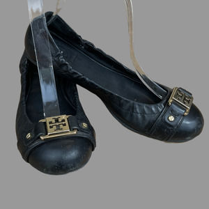 Tory Burch Ballet Flat Slippers Gold Medallion at Toes Black Leather Size 6